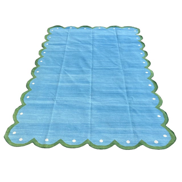 Handmade Cotton Scalloped Reversible Rug, Sky Blue and Forest Green Dhurrie-12'x15' For Sale - Image 9 of 10