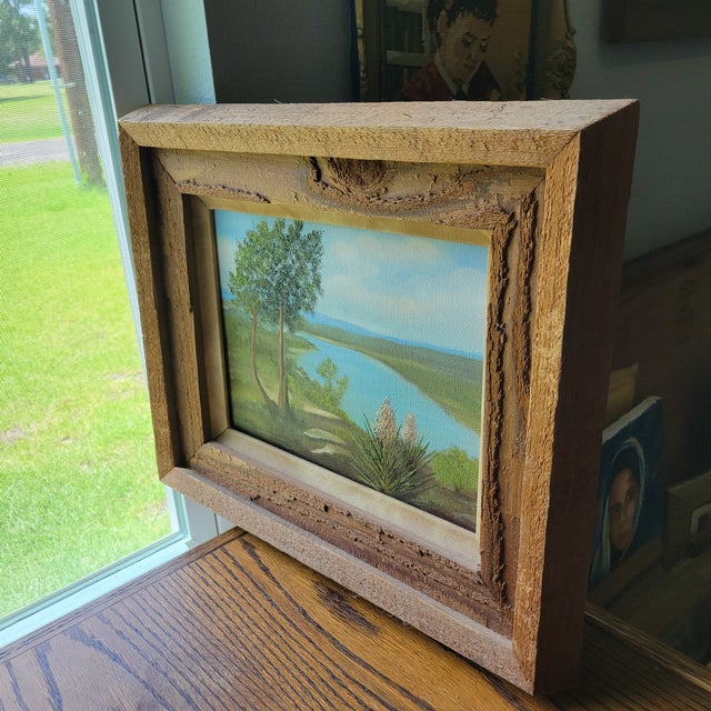 Vintage Original Acrylic Framed Still Life Painting Landscape Serene Yucca Trees River For Sale - Image 4 of 18