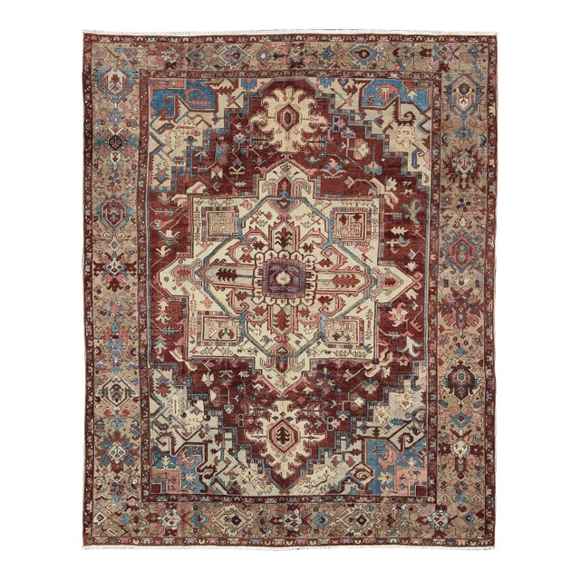 Antique Persian Serapi Carpet With Medallion in Reddish Brown 9'10" X 11'10" For Sale