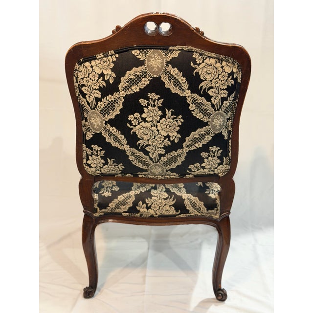 French Vintage Louis XV Style Hand Carved Walnut Armchair With Black and Gold Damask Upholstery For Sale - Image 3 of 10