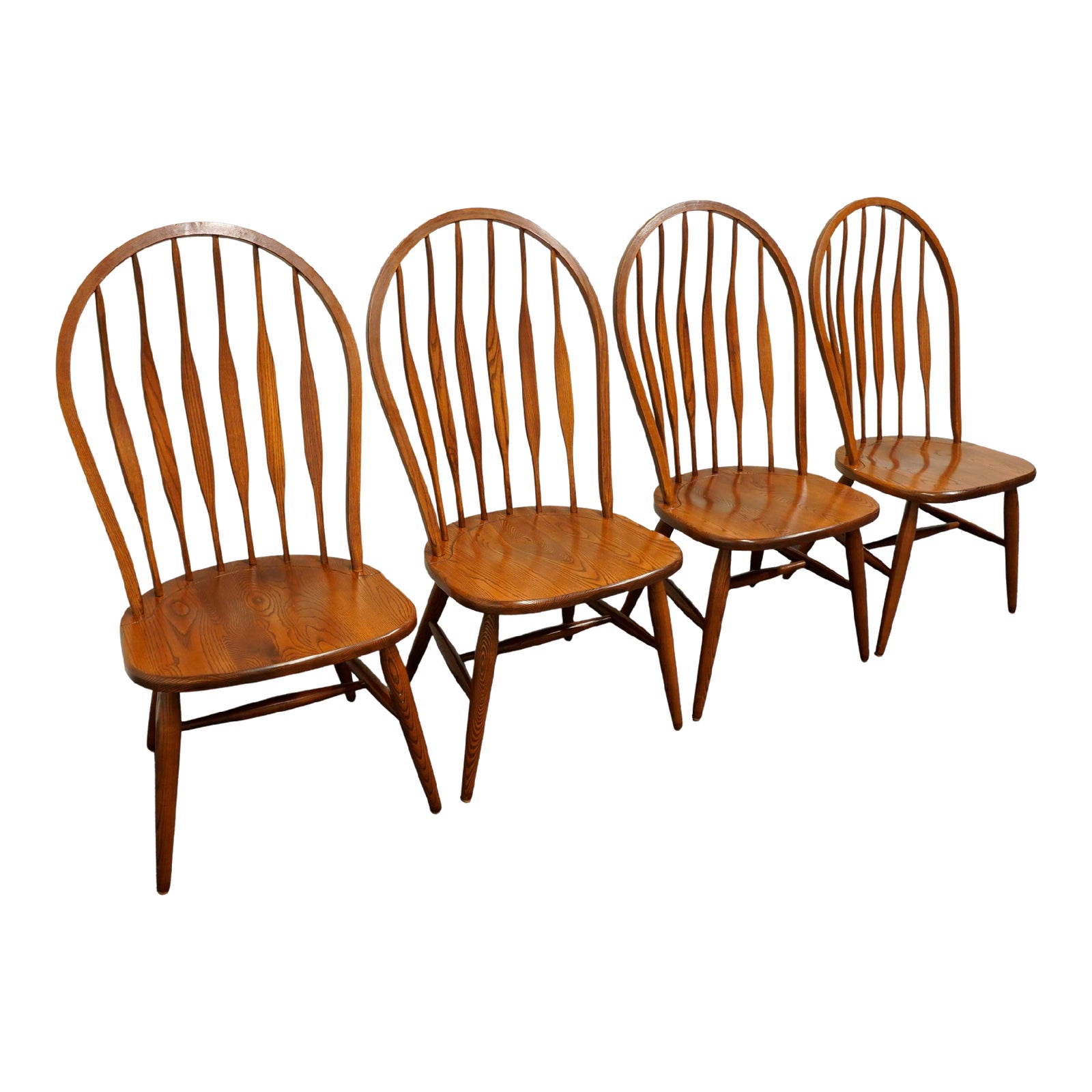 Set of 4 S. Bent Bros. Rustic Country French Style Solid Oak Cattail Dining Side Chairs 736