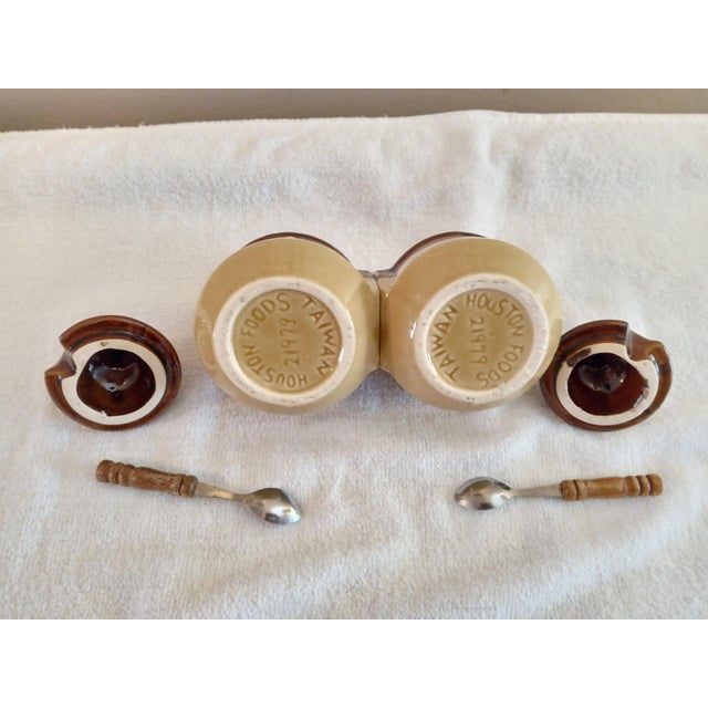 Vintage Stoneware Brown Glaze Double Condiment Jars Houston Foods 21979 - a Pair For Sale - Image 4 of 7