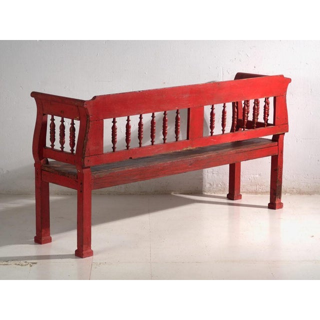 Antique Painted Pine Bench with Turned Back, Central Europe, 1900 For Sale - Image 10 of 11