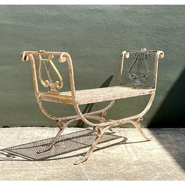 Vintage Neoclassical Wrought Iron Lyre Bench For Sale - Image 11 of 12