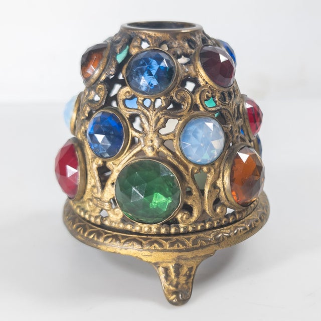 We are selling this gorgeous Aesthetic period gilt brass and jeweled fairy lamp. This lamp has many colored and faceted...