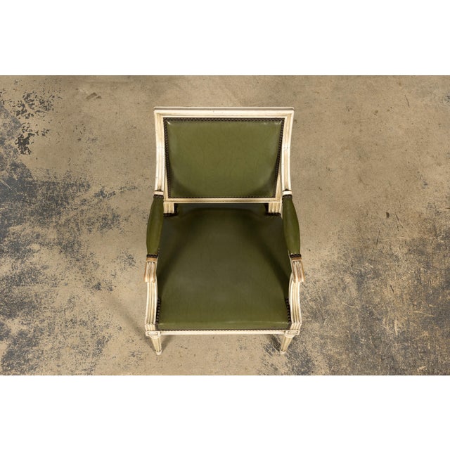French Early 20th Century French Louis XVI Style Painted Armchair in Olive Green For Sale - Image 3 of 18