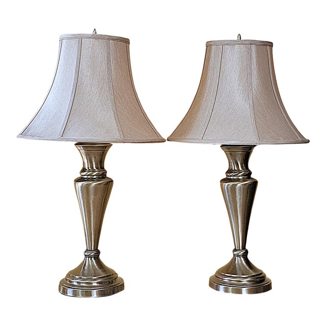 Pair of Vintage Stiffel Brushed Brass Table Lamps With Original Markings, Hollywood Regency Style For Sale