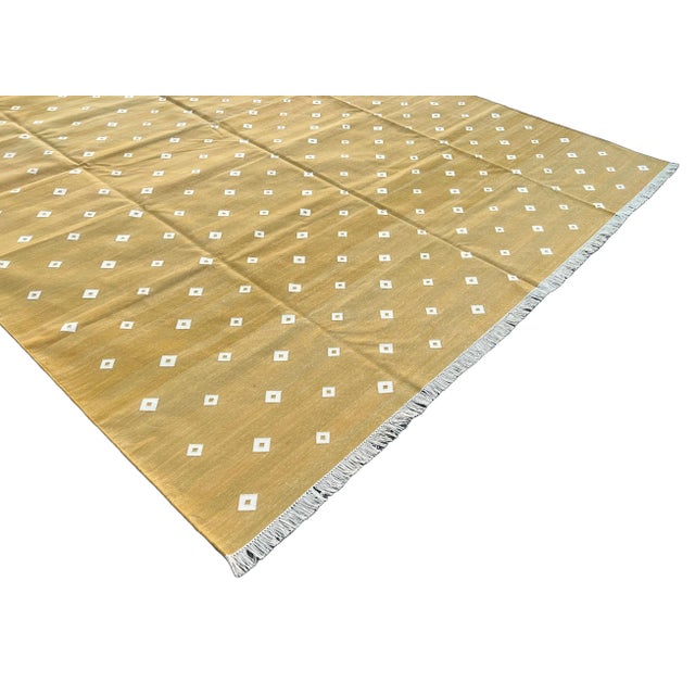 Handmade Cotton Area Rug Natural Vegetable Dyed Mustard and White Diamond Dhurrie-8'x10' For Sale - Image 6 of 10