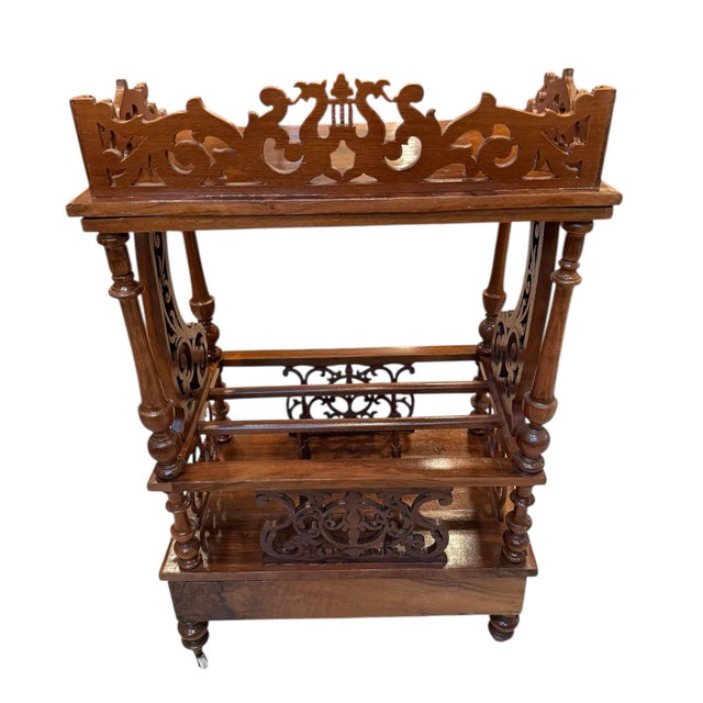 Late 19th Century Late 19th Century Victorian Burr Walnut Canterbury / Sheet Music What-Not on Castors — Rich Figured Veneer For Sale - Image 5 of 12