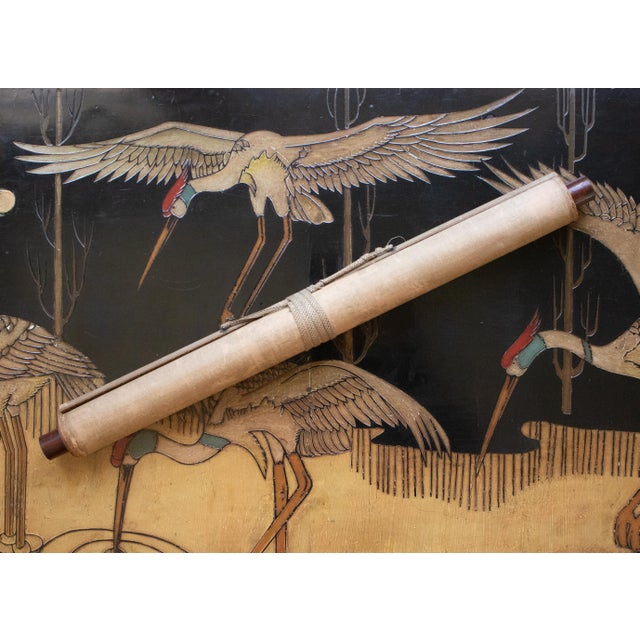 Meiji Era "Cranes and the Sun", Japanese Silk Scroll Painting For Sale - Image 16 of 18