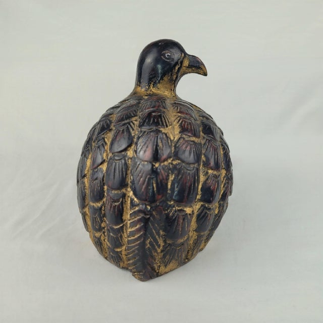 Folk Art Antique Japanese Carved Wood Quail Statue Lacquered Black Gold Accent Bird Decor For Sale - Image 3 of 10