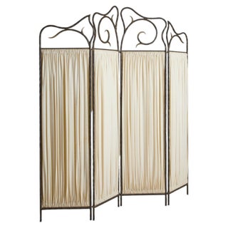 Vintage French Four-Panel Hammered Iron Folding Screen with Pleated Fabric For Sale