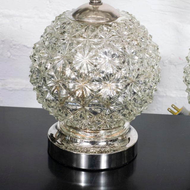 Pair of diamond patterned spherical mercury glass lamps For Sale - Image 4 of 7