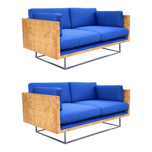 1970s Milo Baughman for Thayer Coggin Burlwood and Blue Chrome Floating Case Study Sofas -A Pair For Sale