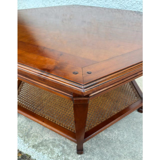Hexagonal Wooden Coffee Table With Woven Cane Lower Tier For Sale - Image 9 of 11