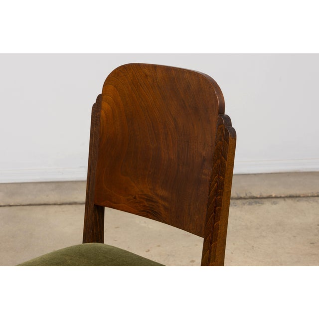 Olive Set of 6 French Art Deco Walnut Dining Chairs in Olive Green Velvet, 1930s For Sale - Image 8 of 18