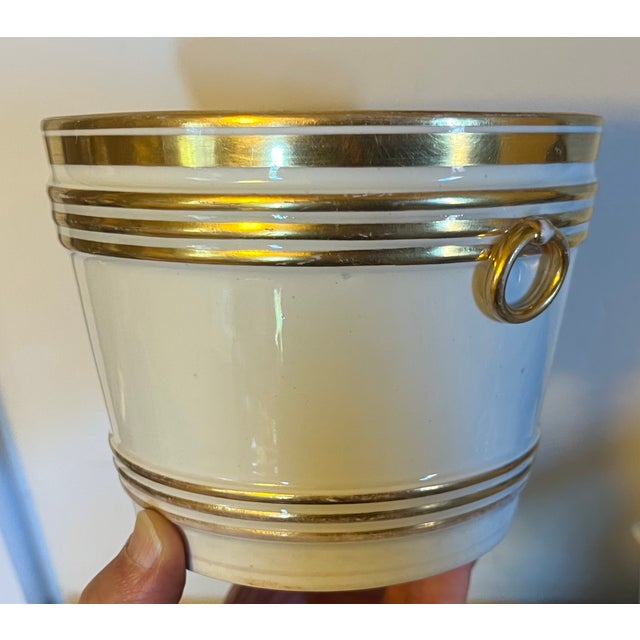 Antique 19th century Vienna porcelain gold & white cachepot planter jardiniere. Decorated with gold bands on a white...