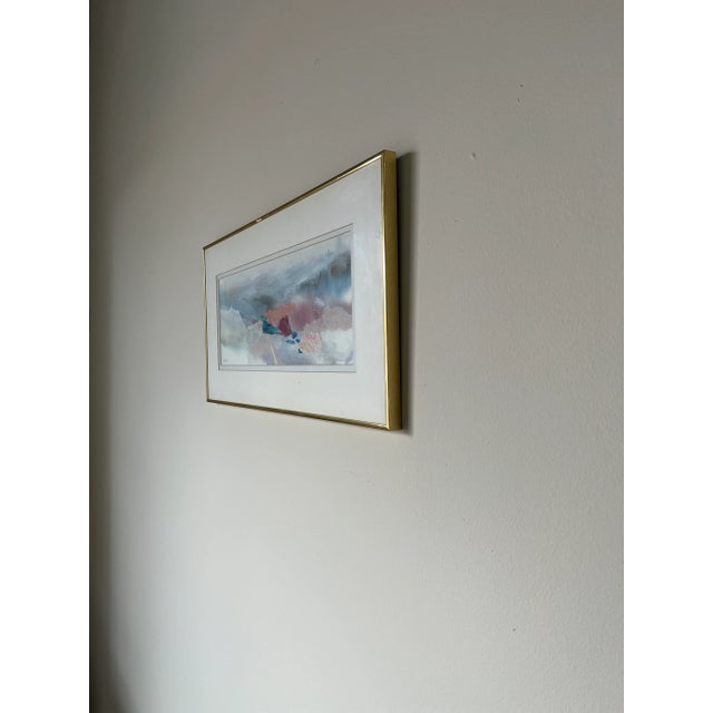 An acrylic mixed media collage expressionist painting on paper by Le Bloemker. The abstract composition in blues red and...