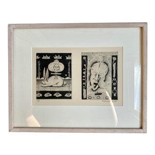 1985 Figurative Surrealist Black and White Etchings Signed Kannofsky, Framed For Sale