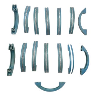 1930s Art Deco Sky Blue Bakelite Drawer Pulls with Chrome Strip, Set of 15 For Sale