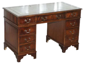 Hardwood & Green Leather Partner Desk with Sliding Keyboard Shelf & Twin Pedestals