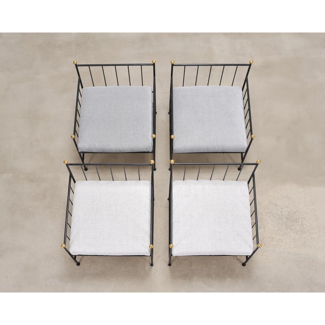 Late 20th Century Set of Four French Modernist Iron Brass Ball Finial Lounge Chairs For Sale - Image 5 of 18