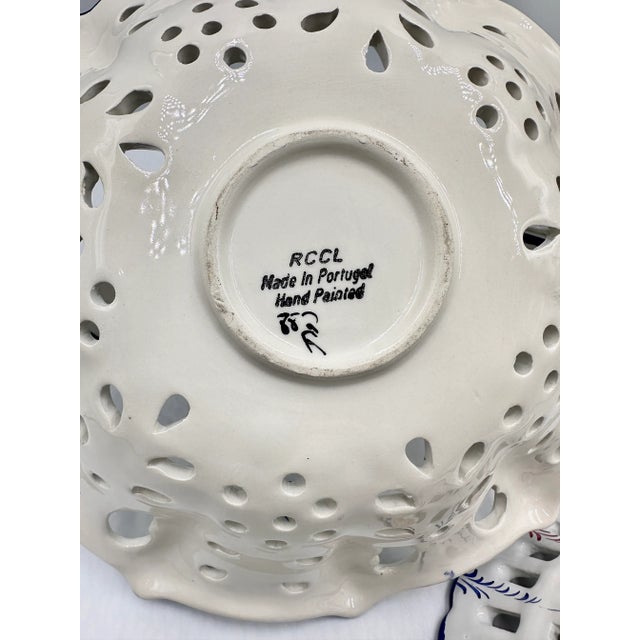 RCCL Ceramic Hand Painted Floral Fruit Basket Braided Handle & Bowl Set Portugal For Sale In Palm Springs - Image 6 of 8