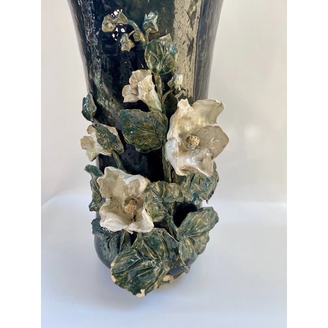 Grand Monumental French Barbotine Faience Floral Floor Vase For Sale In Boston - Image 6 of 10