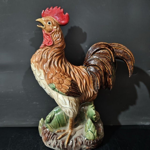 Ceramic Rooster Figurine, Colorful Hand-Painted With Bamboo Base (Peace & Safety Symbol) For Sale - Image 4 of 7