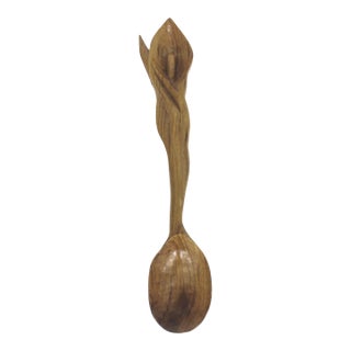 Early 20th Century Hand Carved Wood Spoon Folk Art Treen Welsh Love Spoon Calla Lily For Sale
