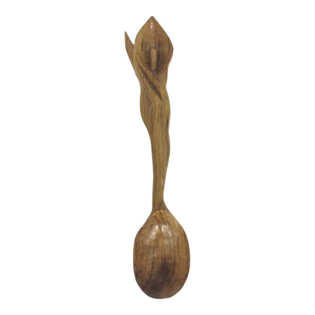 Early 20th Century Hand Carved Wood Spoon Folk Art Treen Welsh Love Spoon Calla Lily For Sale