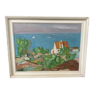 Mid 20th Century Scandinavian Shoreline Landscape Original Acrylic on Canvas For Sale