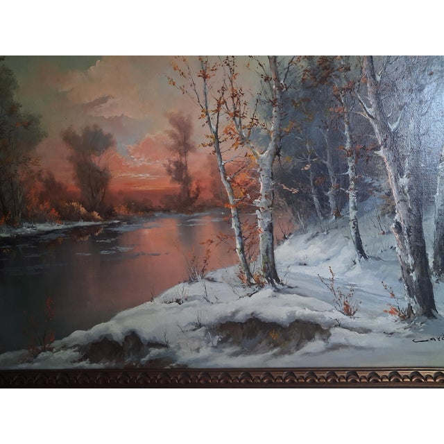 20th Century Winter River Sunset Landscape Oil Painting With Birches, Signed Cardi For Sale In New York - Image 6 of 11