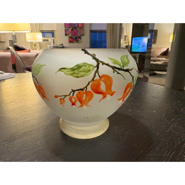 Legras Art Nouveau cameo glass, frosted vase with enamel orange flowers. Estimated as 1920s. - Mouth opening is 4.5” -...