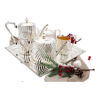 Modernist Silver Tea Service with Tray in Relief, Set of 4 For Sale