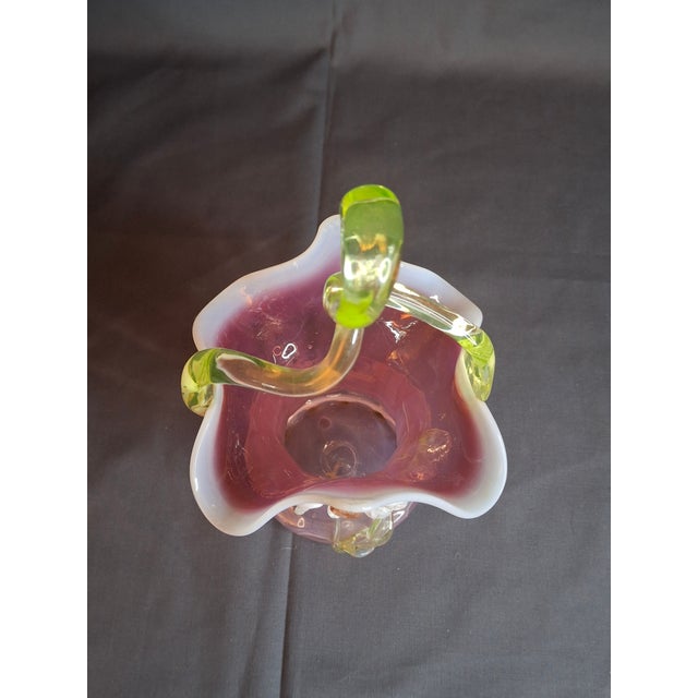 Antique Stevens & Williams Art Glass Basket - Pink Opalescent Cased Glass - Applied Flower & Stem - Uranium Vaseline Glass Handle - Circa 1880s For Sale - Image 9 of 18