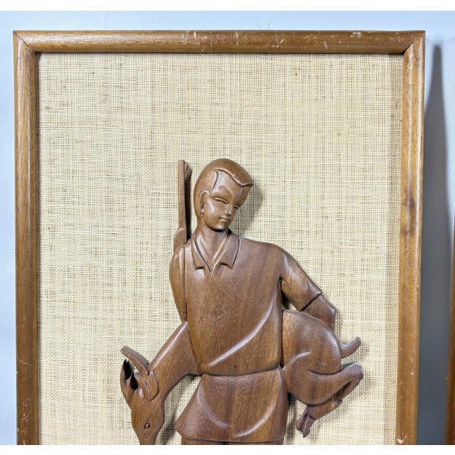 Wood 1960s Large 24” Mid-Century Modern Hand-Carved Teak & Burlap Wall Art – Set of 2 For Sale - Image 7 of 7
