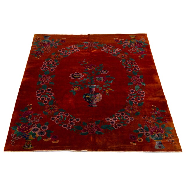 Red Antique Art Deco Handmade Chinese Floral Pattern Wool Rug For Sale In New York - Image 6 of 11