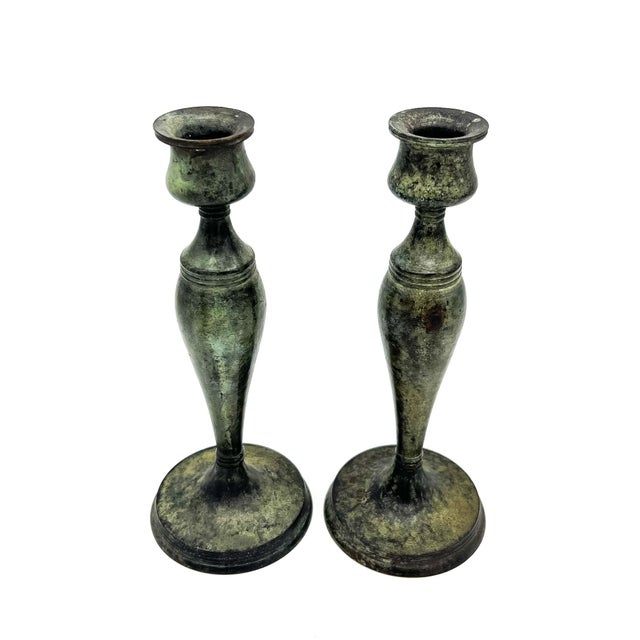 Vintage Brass Candlesticks With Verdigris Finish – Pair – Neoclassical / European Traditional For Sale In Houston - Image 6 of 9