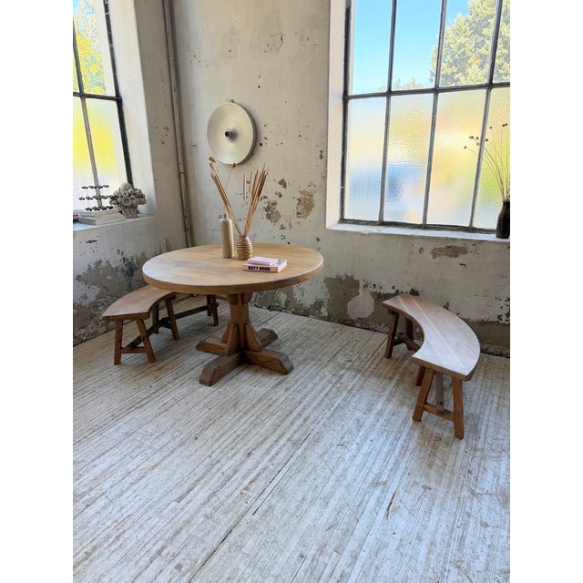 Vintage Round Oak Table and Benches, 1950s, Set of 3 For Sale - Image 18 of 18