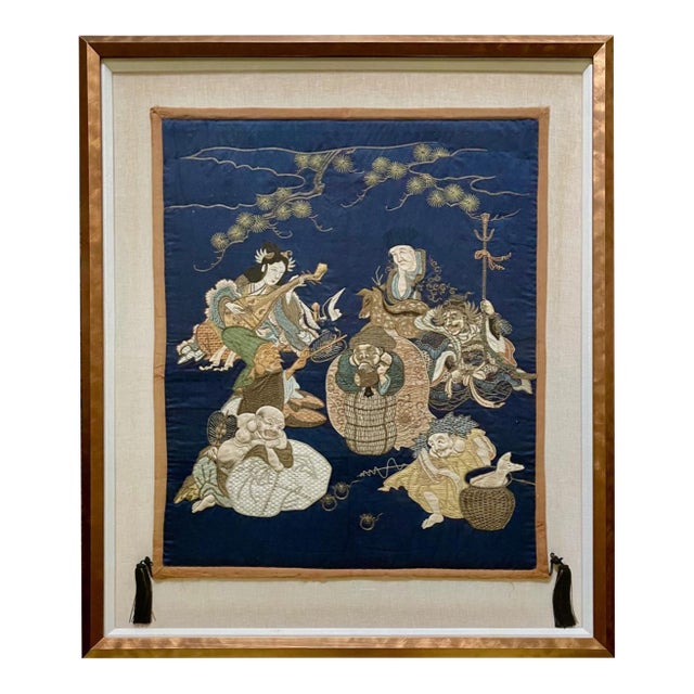 Framed Antique Japanese Silk Embroidery Fukusa Textile Panel For Sale