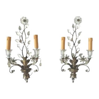 French Baguès Style Silver Leaf Wall Sconces, a Pair For Sale