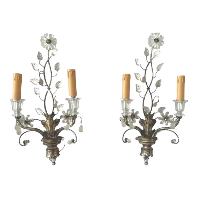 French Baguès Style Silver Leaf Wall Sconces, a Pair For Sale