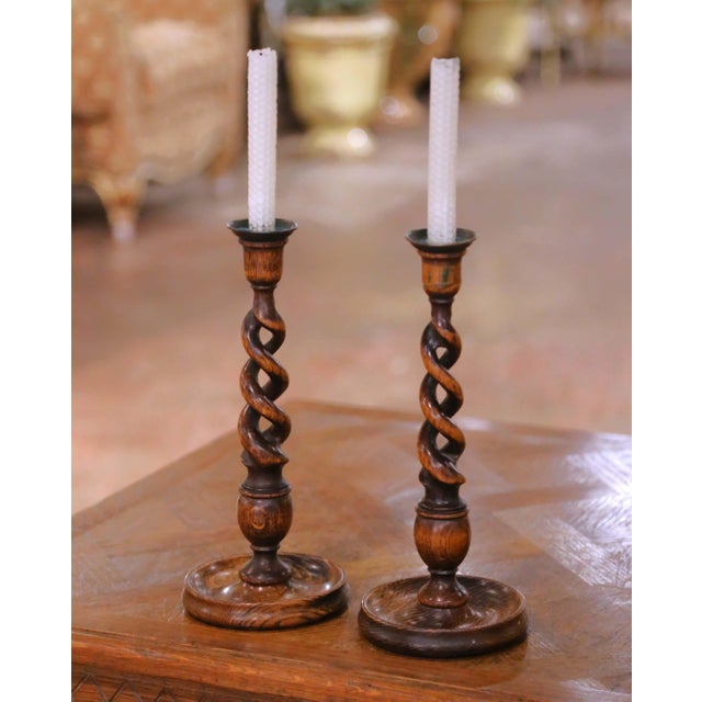 Pair of Early 20th Century English Barley Twist Oak Candlesticks With Brass Cups For Sale - Image 4 of 8