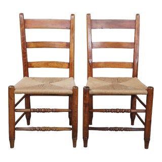 Late 19th Century Antique Primitive Maple Country Farmhouse Ladder Back Rush Side Dining Chairs - Set of 2 For Sale