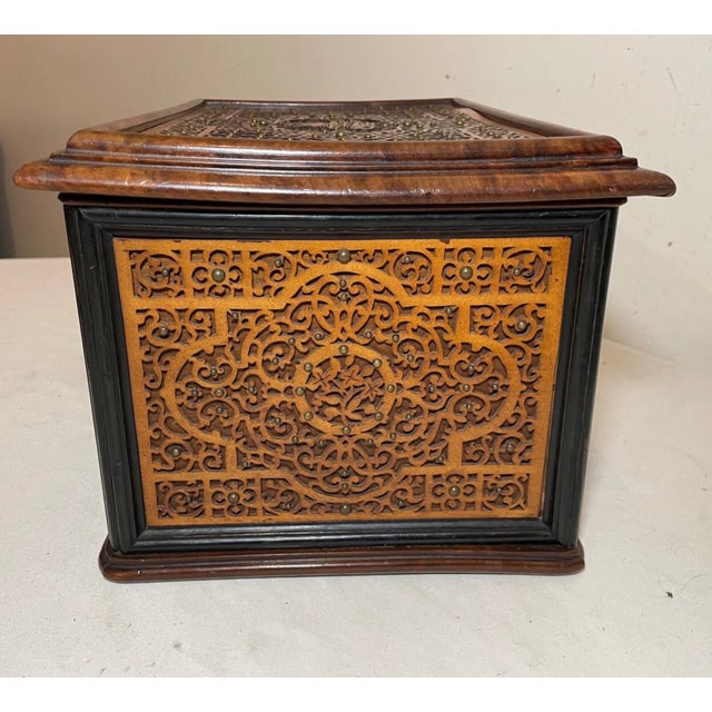 High Quality 1800's Antique Handmade Carved Wood Ornate Brass Jewelry Box Casket For Sale - Image 16 of 16