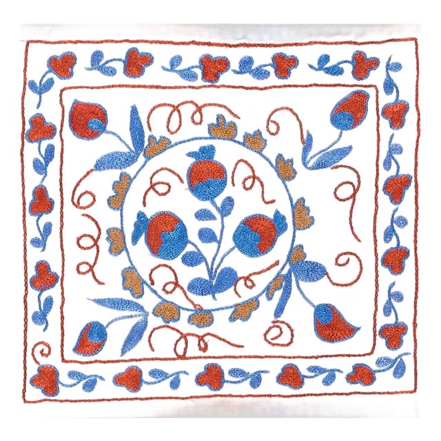 Silk Hand Embroidered Suzani Fabric Uzbek Lace Pillow, Decorative Sham. 17"x18" For Sale