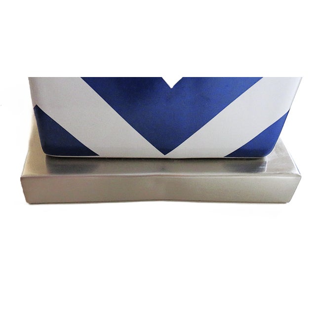 Early 21st Century Pair of Blue & White Chevron Striped Table Lamps For Sale - Image 5 of 5