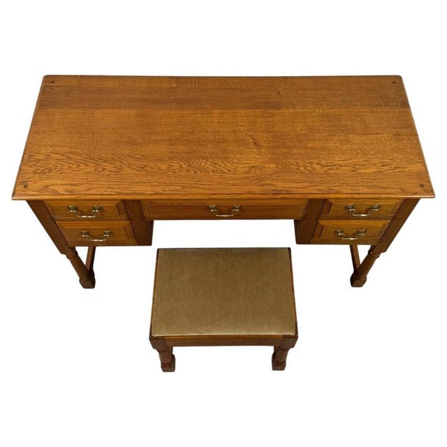 Metal Antique English Oak Writing Table with Matching Stool, 1900s, Set of 2 For Sale - Image 7 of 18