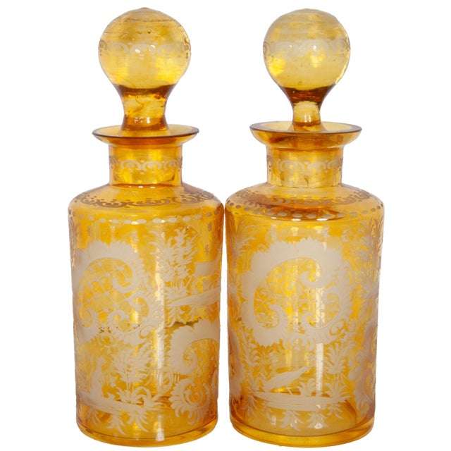 Antique Pair 19th Century Etched Bohemian Amber Glass Wine Liquor Decanters 1880 For Sale - Image 15 of 15